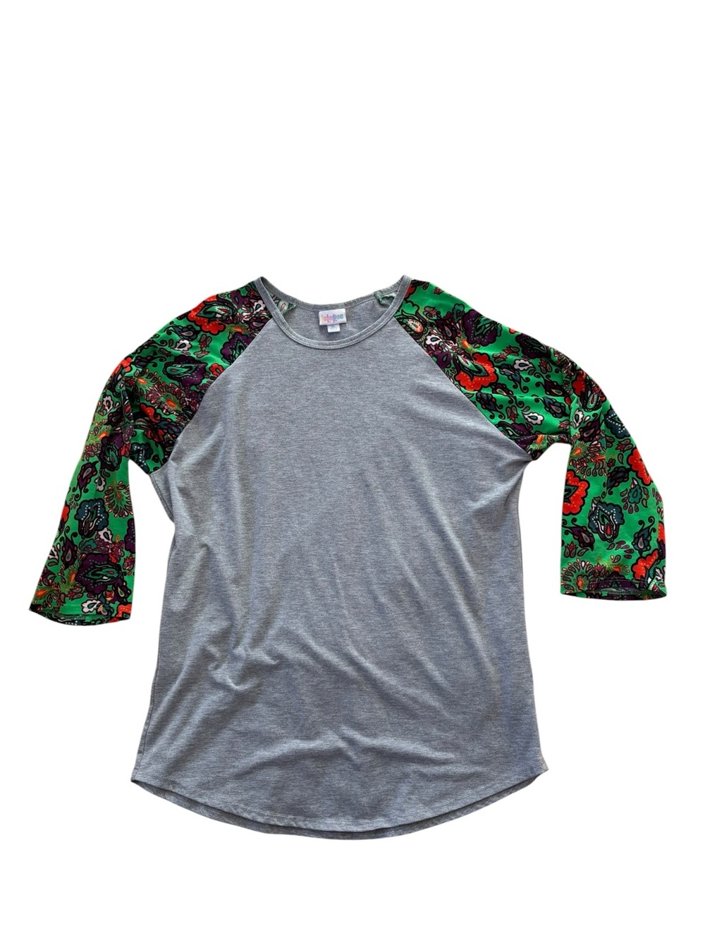 LuLaRoe Gray Tee with Green Accent Raglan